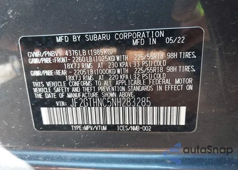 2022 Subaru Crosstrek Limited z USA, uszkodzony, nr VIN JF2GTHNC5NH283285